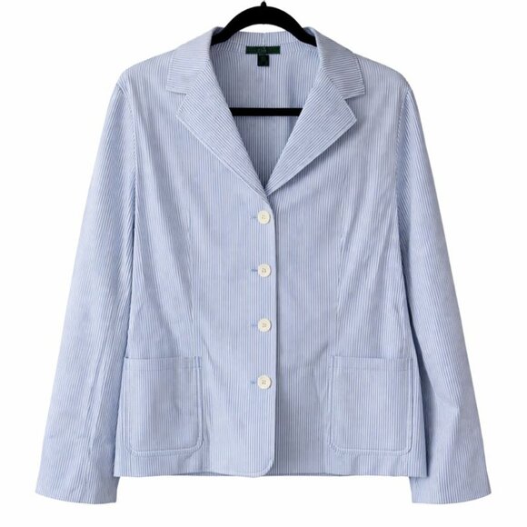 Polo Ralph Lauren Womens Large Cotton Seersucker Blazer Jacket Blue White Stripe - Picture 1 of 4